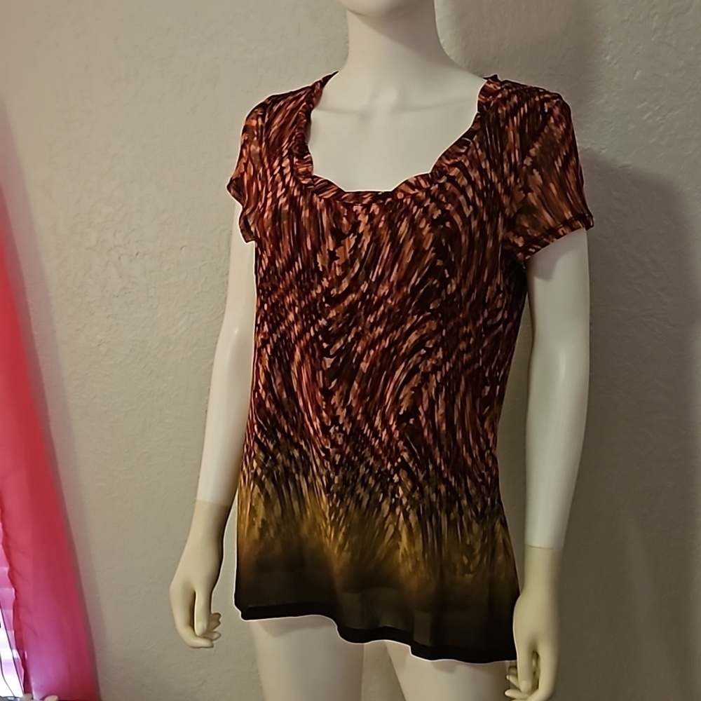 Vtg AXCESS Brown Ombre Swirl Mesh Overlay Short Sleeve Scoop Neck Blouse - Picture 3 of 9